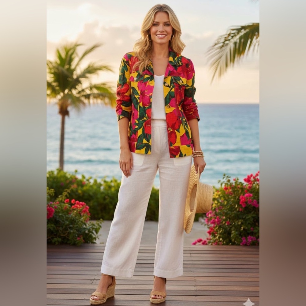 Tahari linen Pink and Yellow Floral Jacket size L